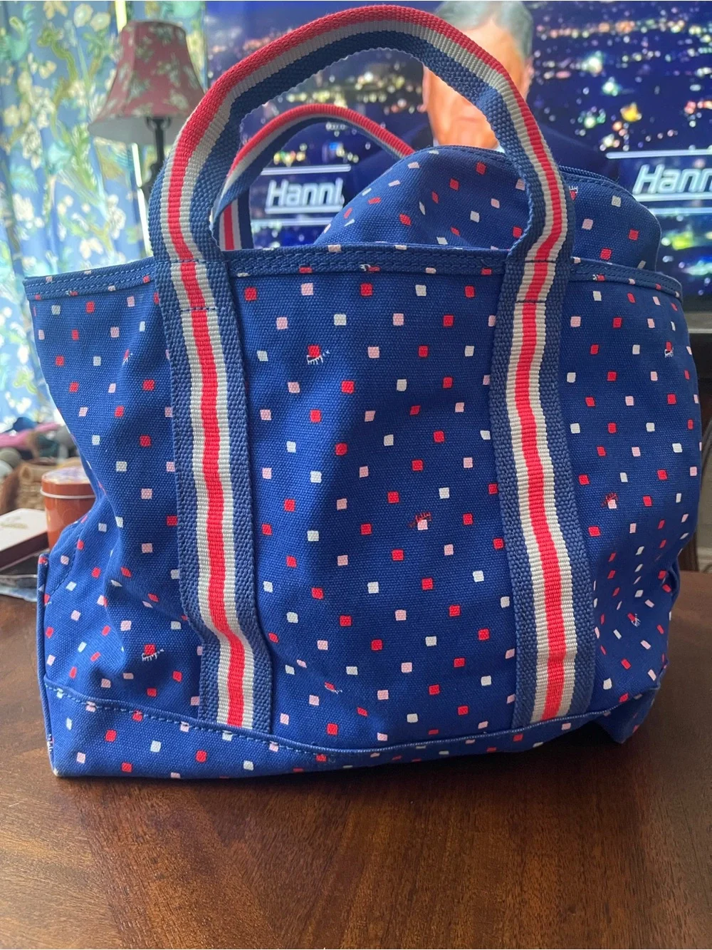 Lilly Pulitzer Blue Canvas Tote with Red and White Dot Accents